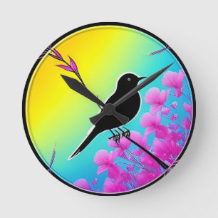 Bird On A Branch With Vibrant Artistic Backdrop Round Clock