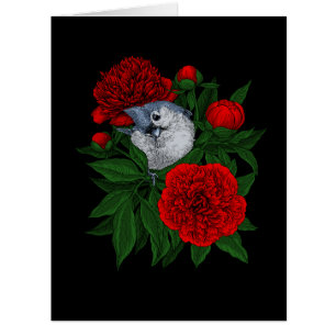 Bird on a red peony bouquet cards