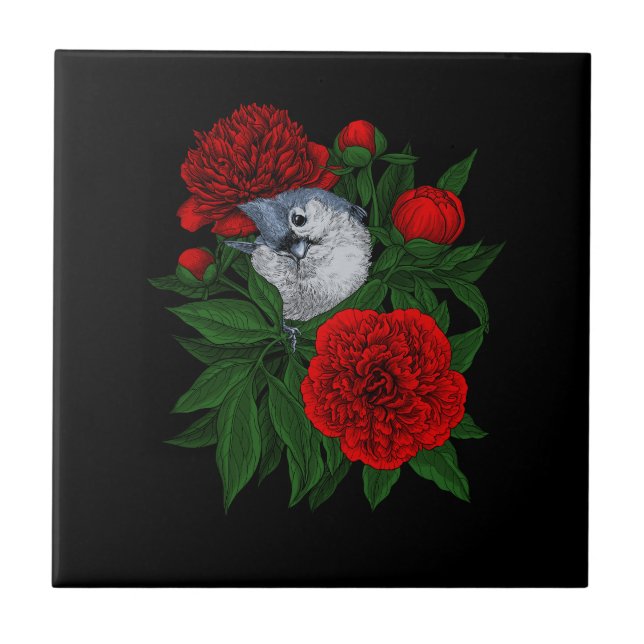 Bird on a red peony bouquet ceramic tile (Front)