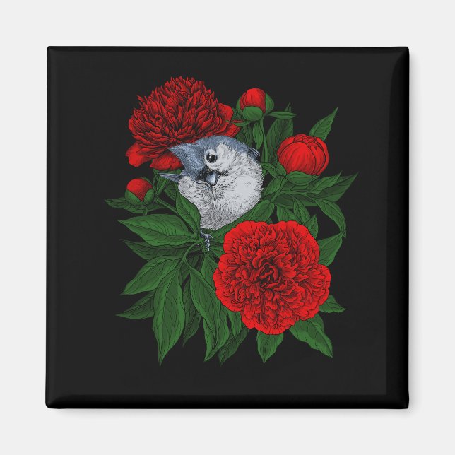 Bird on a red peony bouquet magnet (Front)
