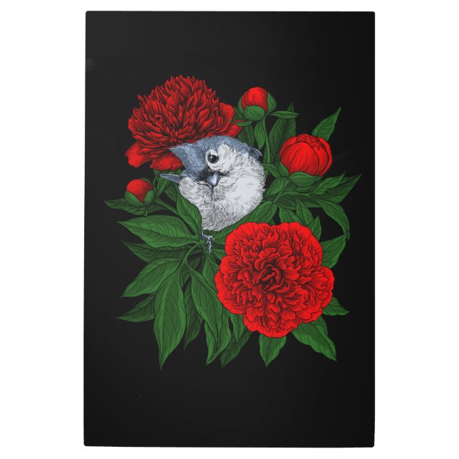 Bird on a red peony bouquet metal print (Front)