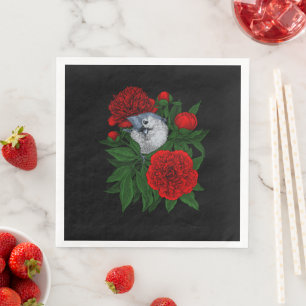Bird on a red peony bouquet paper dinner napkins
