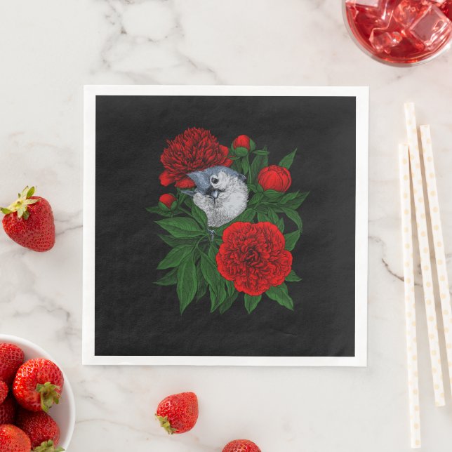 Bird on a red peony bouquet paper dinner napkins (Insitu)