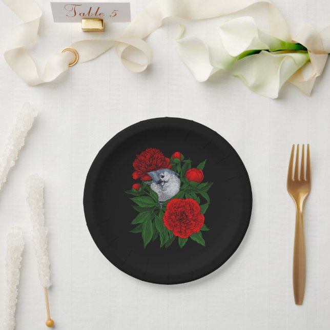 Bird on a red peony bouquet paper plates (Wedding)