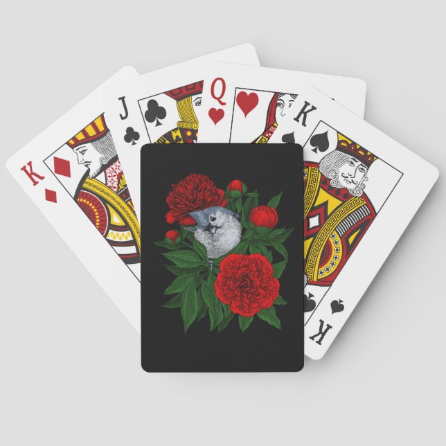 Bird on a red peony bouquet poker cards (Back)