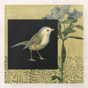 Bird on Black and Vintage Background Glass Coaster