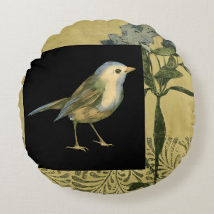 Bird on Black and Vintage Background Round Pillow