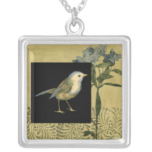 Bird on Black and Vintage Background Silver Plated Necklace