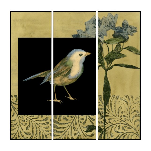 Bird on Black and Vintage Background Triptych (Front)