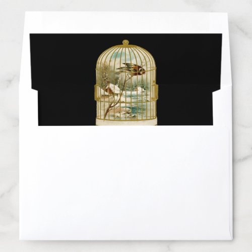 Bird on Branch Gold Birdcage Cabin in Snow Black Envelope Liner