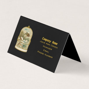 Bird on Branch in Gold Birdcage Winter Scene Black Business Card