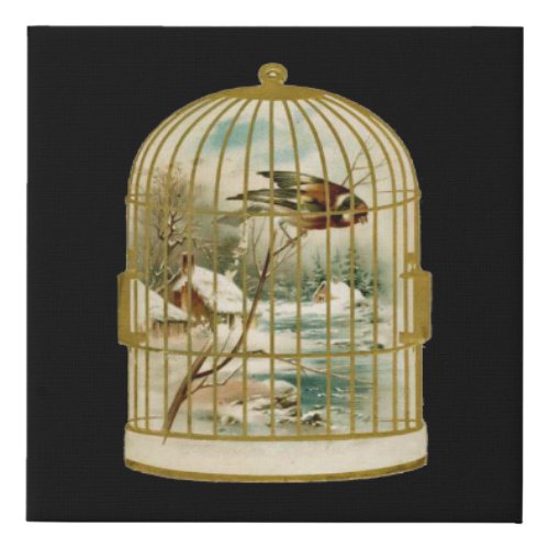 Bird on Branch Over Cabin Snow in Birdcage Faux Canvas Print