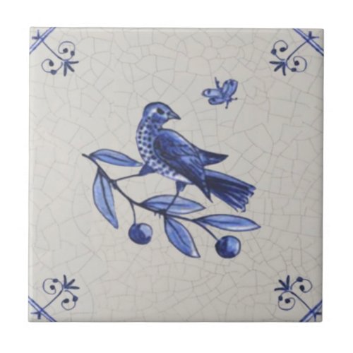 Bird on Branch w Butterfly Early Blue Delft Repro Ceramic Tile