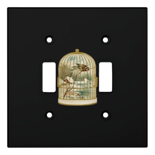 Bird on Branch Winter Cabin Scene in Gold Birdcage Light Switch Cover