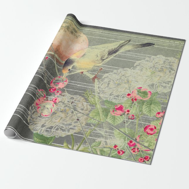 BIRD ON BRANCH WITH FULL MOON Wrapping Paper (Unrolled)