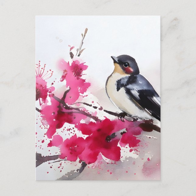 Bird on cherry branch in flowers, painting postcard (Front)