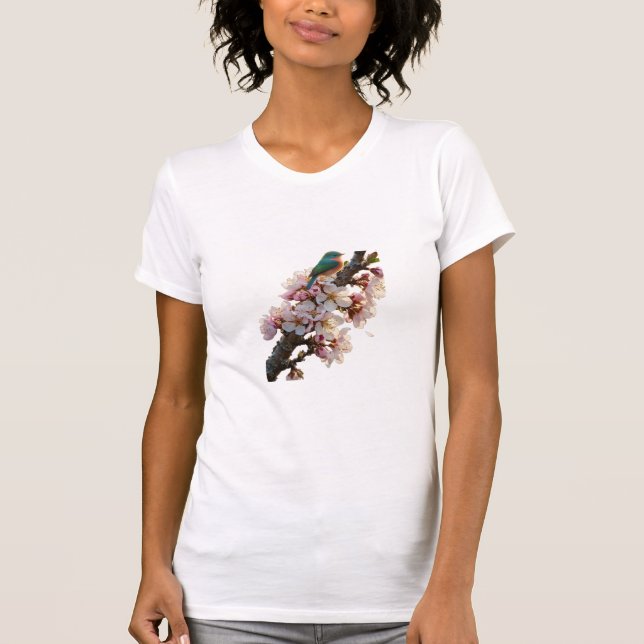 Bird on Flowering Tree Branch T-Shirt (Front)