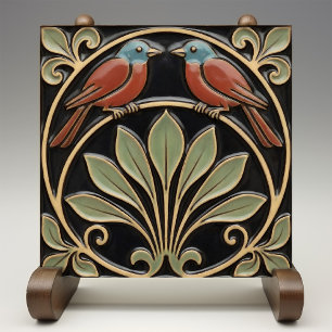 Bird on Flowers Art Deco Nouveau Faux Relief Ceramic Tile