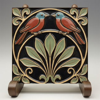 Bird on Flowers Art Deco Nouveau Faux Relief Ceramic Tile