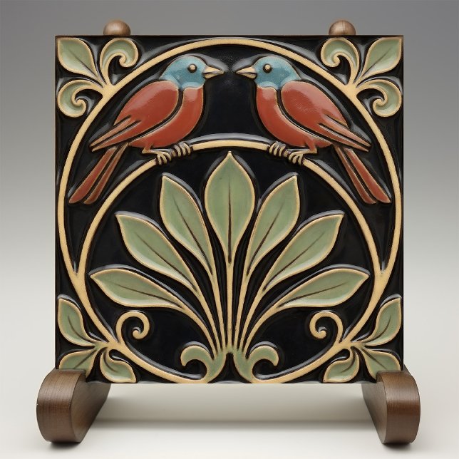 Bird on Flowers Art Deco Nouveau Faux Relief Ceramic Tile (Creator Uploaded)