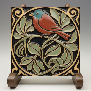 Bird on Flowers Art Deco Nouveau Faux Relief Ceramic Tile