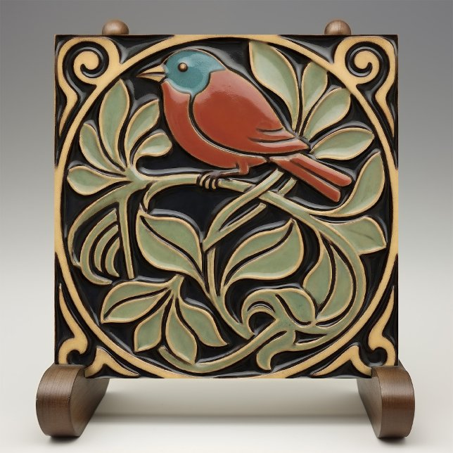 Bird on Flowers Art Deco Nouveau Faux Relief Ceramic Tile (Creator Uploaded)