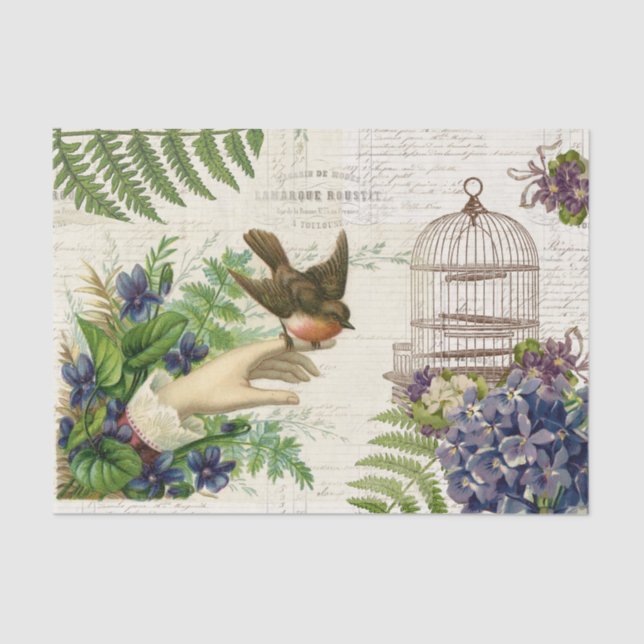 Bird on Hand Vintage Violets Tissue Paper (Front)