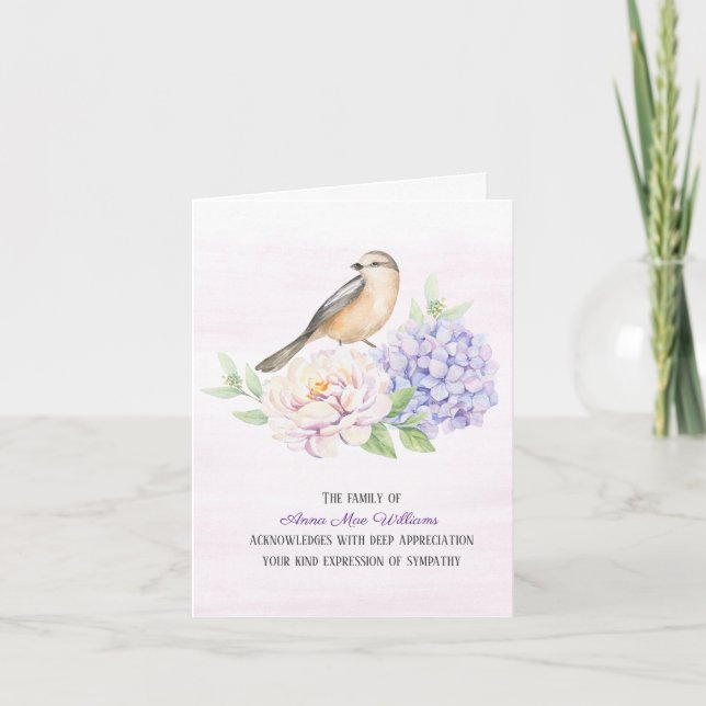Bird on Hydrangea Sympathy Thank You (Front)