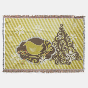 Bird on Olive Stripe Holiday Throw Throw Blanket