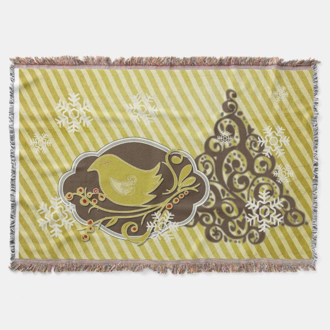 Bird on Olive Stripe Holiday Throw Throw Blanket (Front)