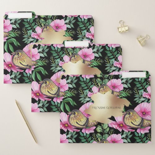 Bird on pink floral flower leaves faux gold file folder