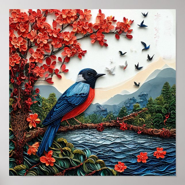 Bird on Sakura Branch Nature Decor Print 🎁 (Front)
