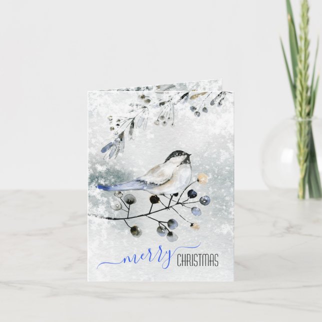 Bird On Snowy Branch With Berries Merry Christmas  Holiday Card (Front)