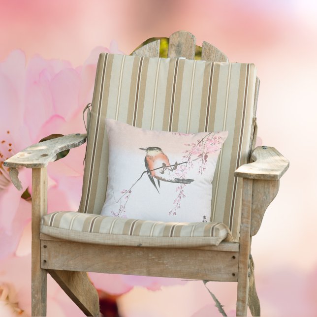 Bird on Weeping Cherry - Shidarezakura ni kotori Throw Pillow (Creator Uploaded)