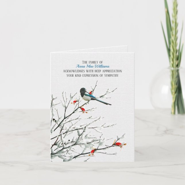 Bird On Winter Branch Sympathy Thank You Card (Front)