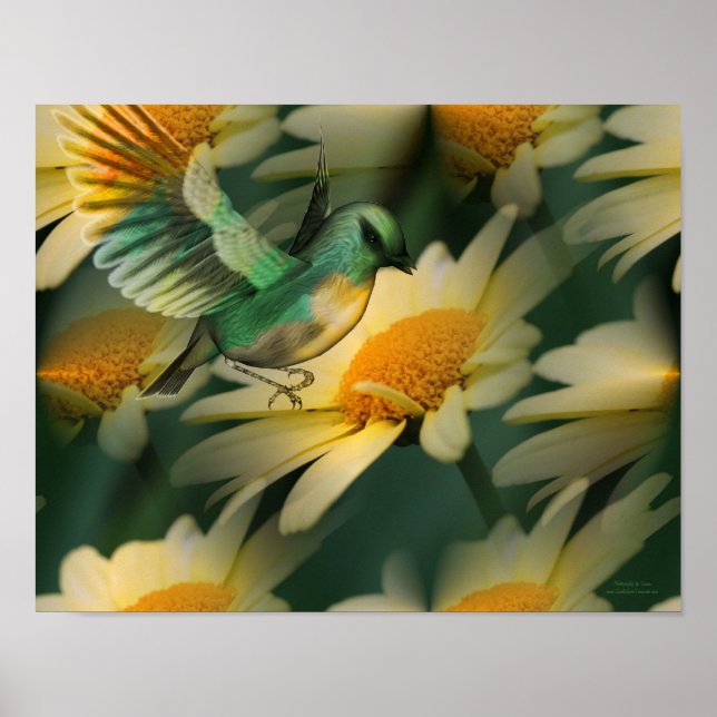 Bird On Yellow Daisies Fantasy Art Poster (Front)