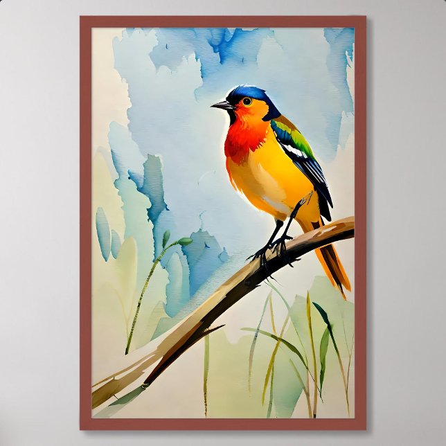 Bird Painting of Colorful Elegant Songbird on Twig Poster (Bird Painting of Colorful Elegant Songbird on Twig)