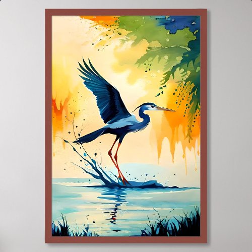 bird painting tricolored heron catch fish in swamp poster