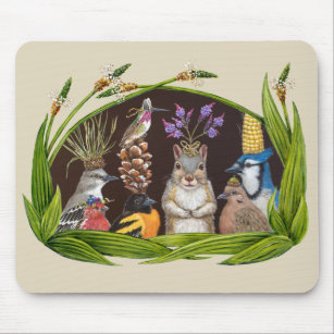 Bird party with squirrel mouse pad
