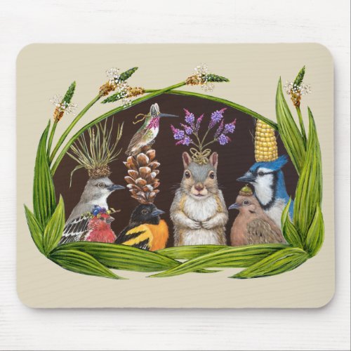 Bird party with squirrel mouse pad