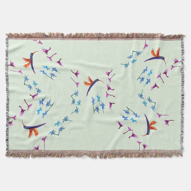 Bird Pattern Floral Hummingbirds Throw Blanket (Front)