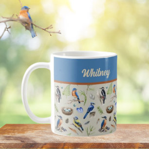Bird Pattern Kingfisher, Blue Jay, Woodpecker Name Coffee Mug