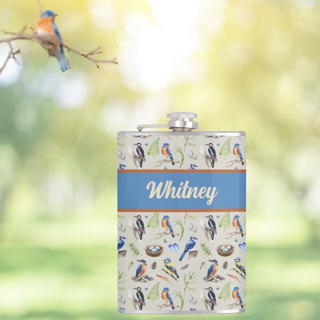 Bird Pattern Kingfisher, Blue Jay, Woodpecker Name Flask (Creator Uploaded)
