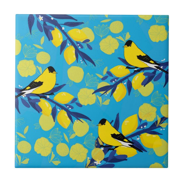 Bird pattern on a lemon tree ceramic tile (Front)