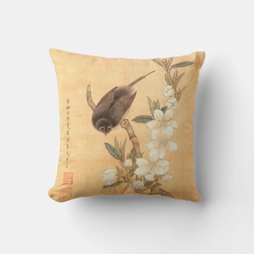 Bird  Peach Blossoms Ming Dynasty Oriental Art Throw Pillow