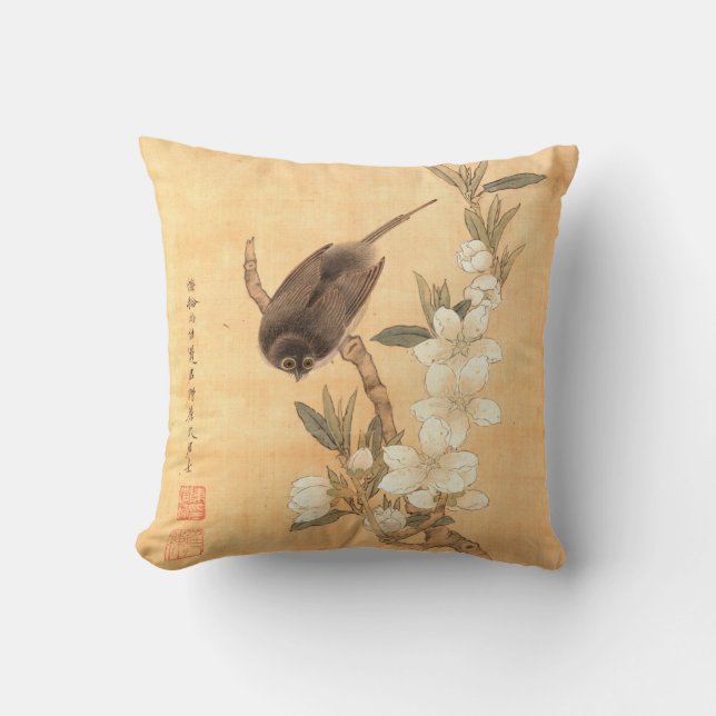 Bird & Peach Blossoms Ming Dynasty Oriental Art Throw Pillow (Front)