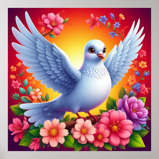Bird Perched Amongst Colorful Flowers Poster (Front)