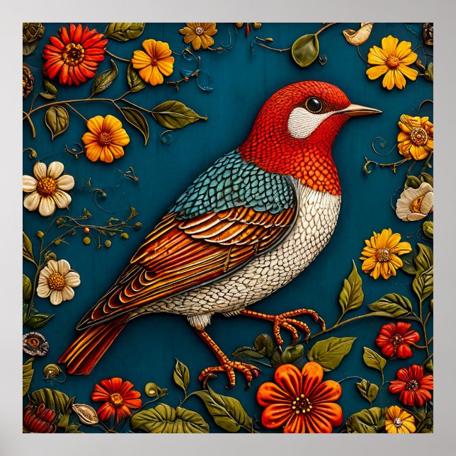 Bird Perched Amongst Colorful Flowers Poster (Front)