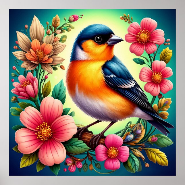 Bird Perched Amongst Colorful Flowers Poster (Front)