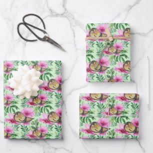 Bird Perched On Pink Flowers Leaves Branches Wrapping Paper Sheets